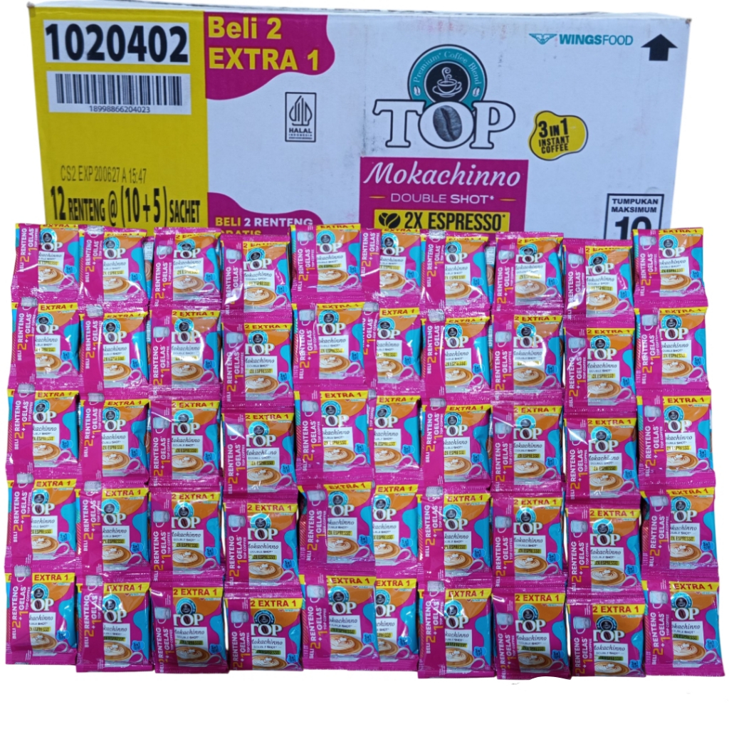 

TOP Kopi Mocachinno Double Shot 2x Espresso 22g 10+5 sachet Coffee Paket 5 Rtg 75 Sachet