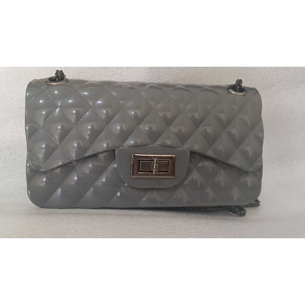 PPT001 Tas Slingbag Jelly Glossy Kecil Rantai Fashion DARK GREY BESAR