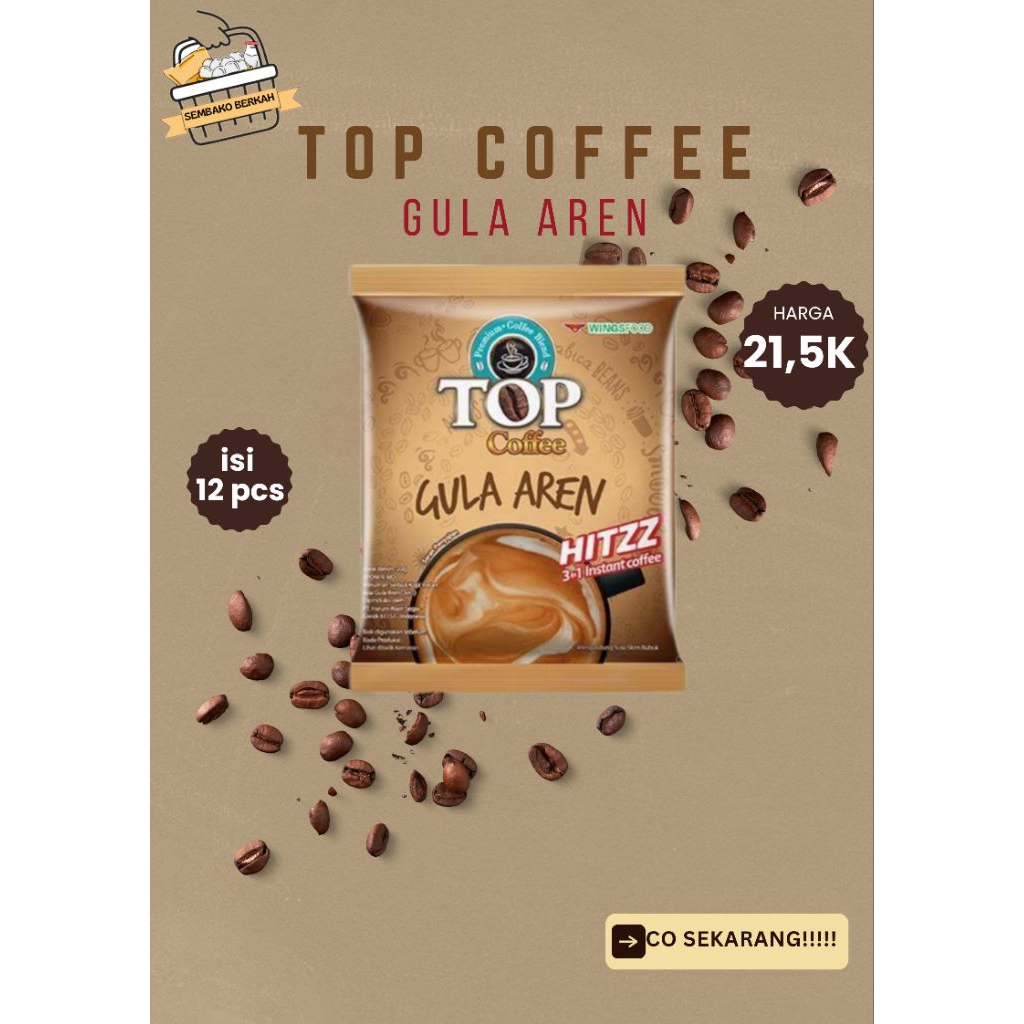 

top coffe gula aren 1 renceng isi 15 pcs @22 g per pcs