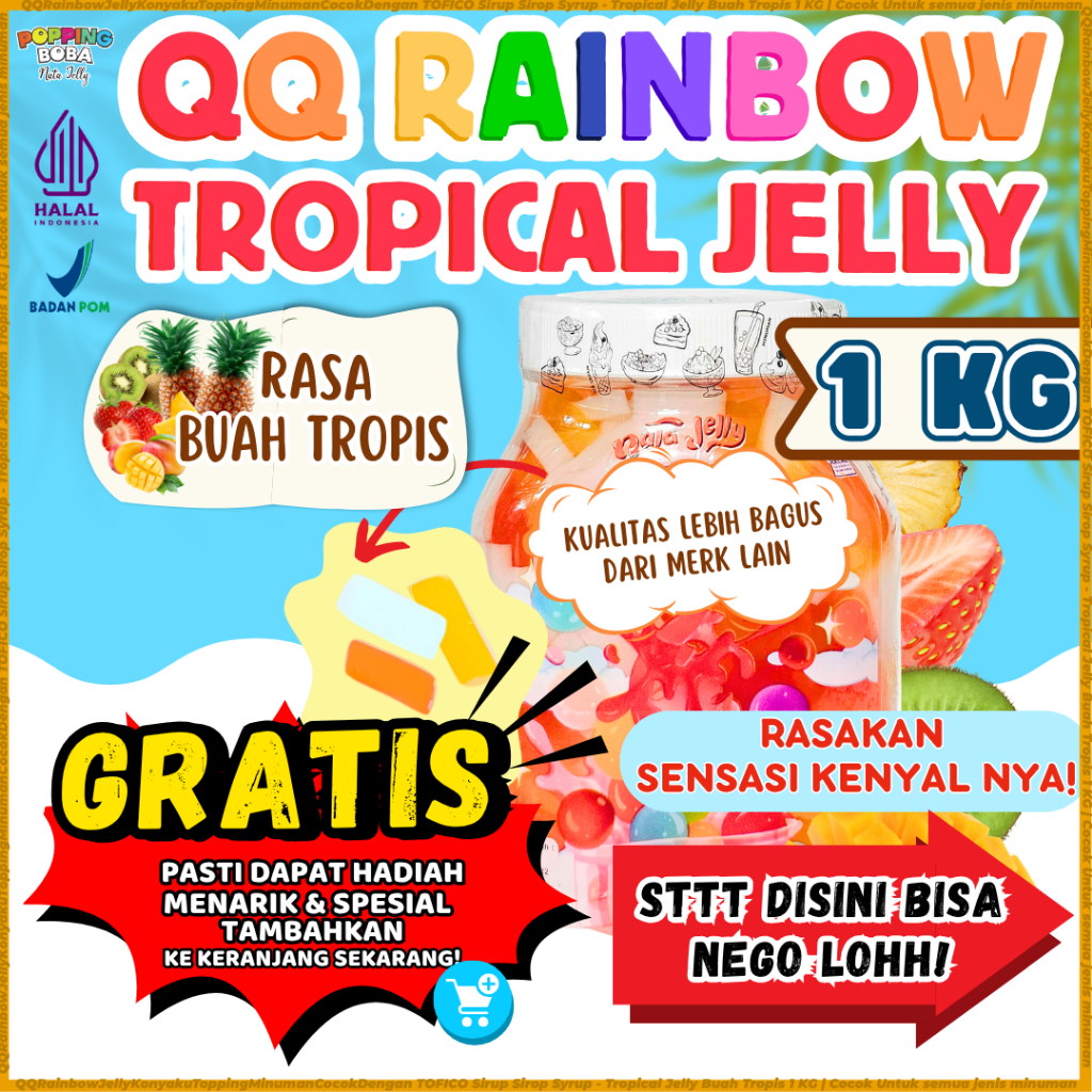 

QQRainbowJellyKonyakuToppingMinumanCocokDengan TOFICO Sirup Sirop Syrup - Tropical Jelly Buah Tropis 1 KG | Cocok Untuk Semua Jenis Minuman