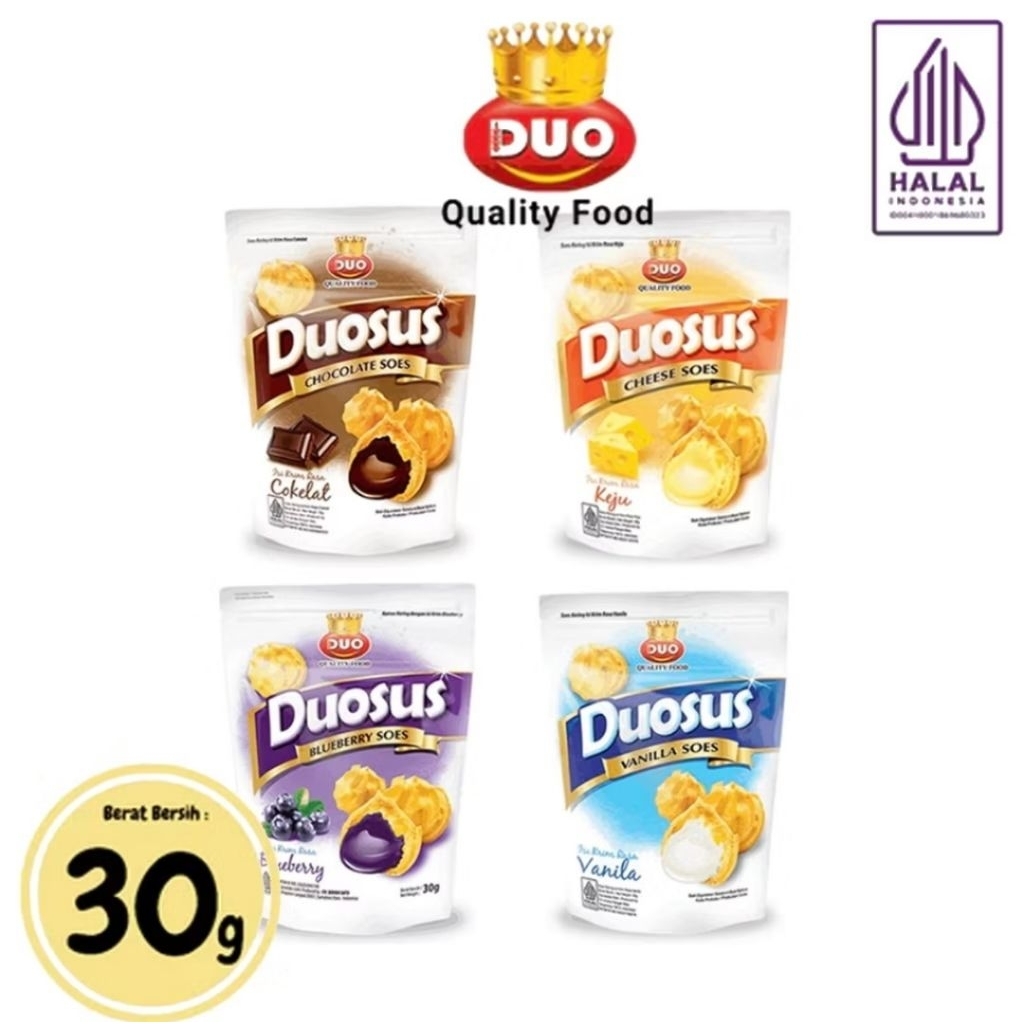 

DUOSUS KUE SUS KERING ISI KRIM COKLAT/KEJU/VANILLA/BLUEBERRY POUCH [30GR]
