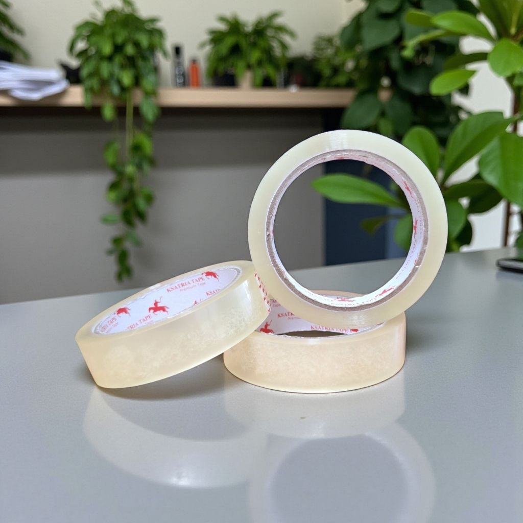 

Isolasi Lakban Bening 45Mic OPP Tape 24x100 Yard 24x90 Yard 24x72 Yard Ksatria 1 Inch Premium Murah - Solatip Packing High Quality