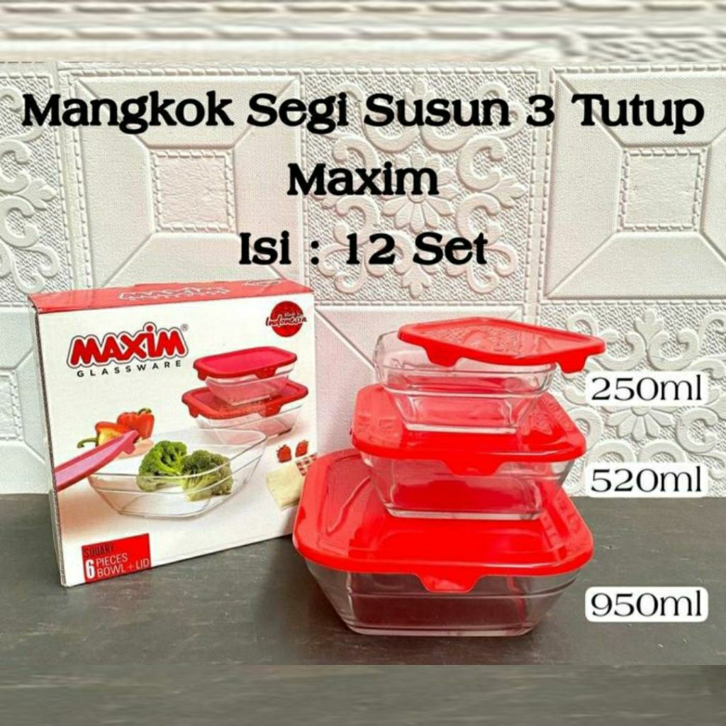 Mangkok Set Kaca Tebal / Mangkok Glass kaca 3 Susun / Mangkok Kotak 3 in 1