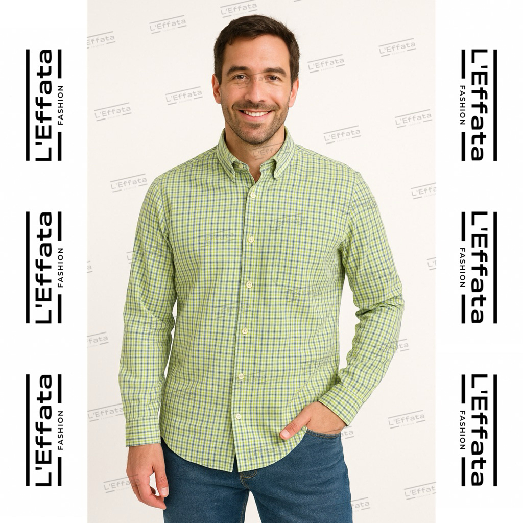 Kemeja Pria Lengan Panjang Timberland Kotak Hijau Biru - Size XL - Preloved Original