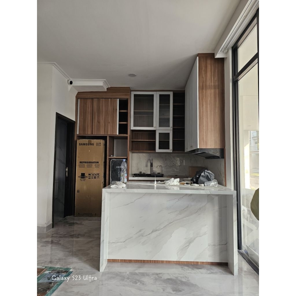 Meja HPL island granit quadra Resepsionis Kasir Minimalis Modern Custom Bahan Multiplek 18mm Finishi