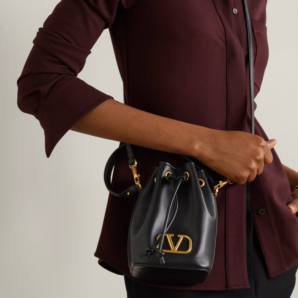 VALENTINO Vlogo Mini V Logo Signature Bucket Drawstring Bag in Nappa Leather with Crossbody Strap