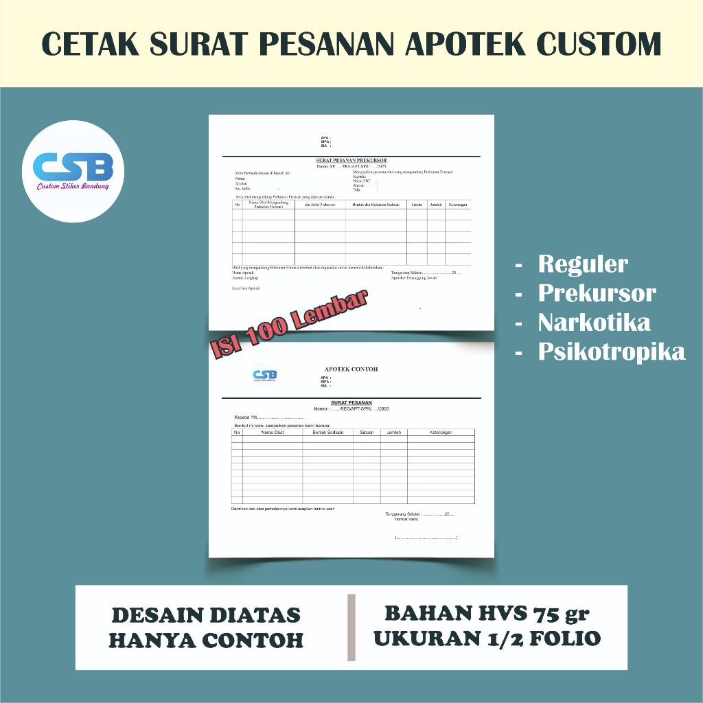 

Cetak SP Apotek Custom Satuan ukuran 1/2 folio 1 ply 2ply 3ply