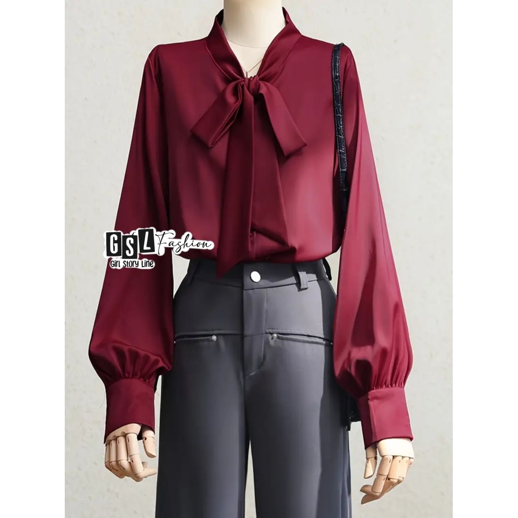 Kemeja Polos Satin Silk Lengan Panjang Premium Wanita Blouse Korean Cewek Jumbo Size M L XL XXL XXXL