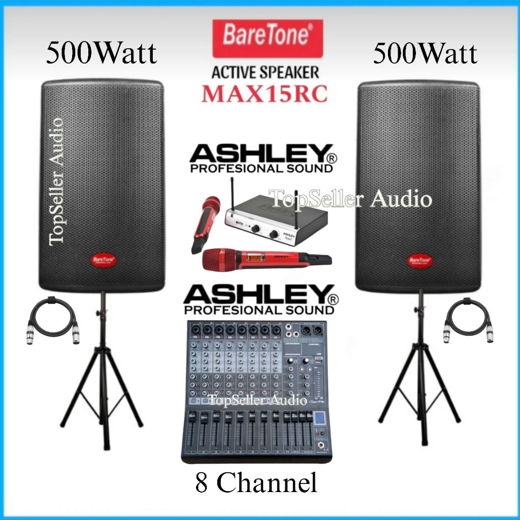 Promo Paket Sound System BareTone 15 Inch Speaker Aktif Max15Rc Mixer 8 Channel Ashley Mic 2 Wireles