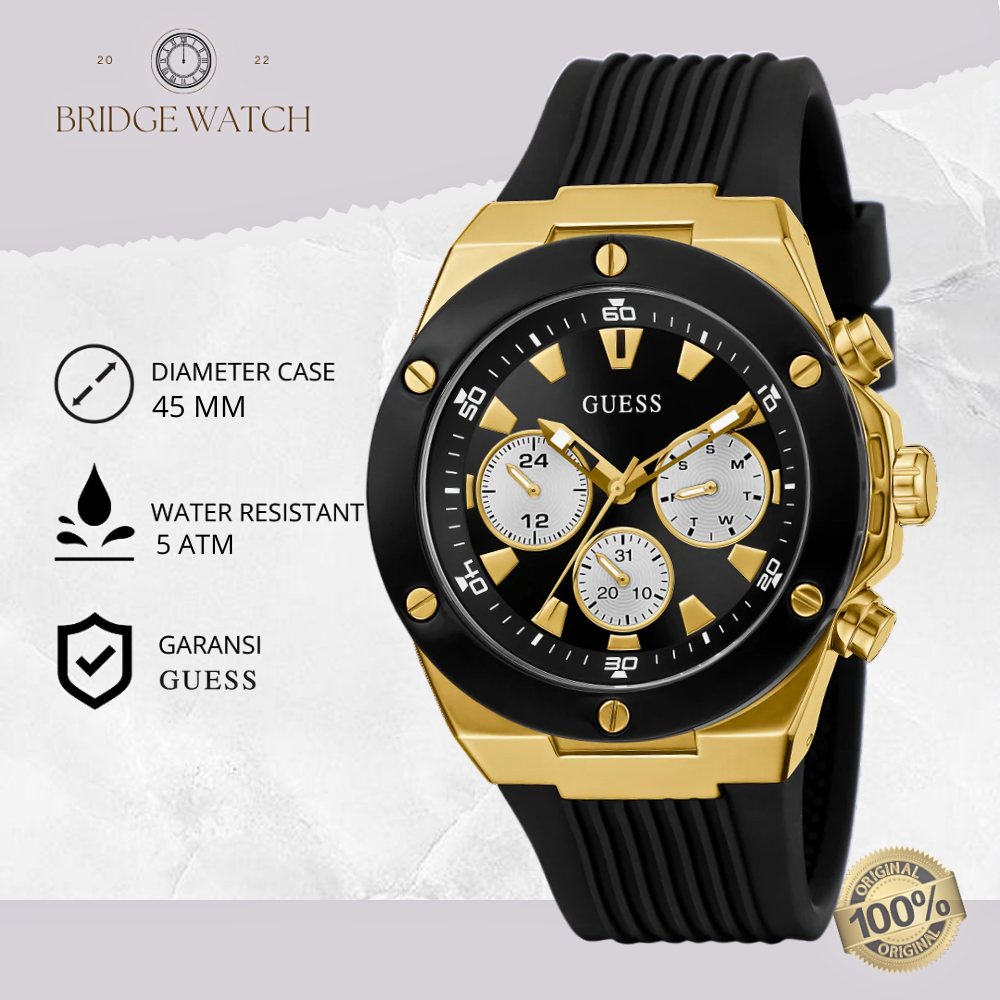 Jam Tangan Pria Guess Poseidon Original GW0057G1 Analog Chronograph Sporty Black Rubber Strap Silico