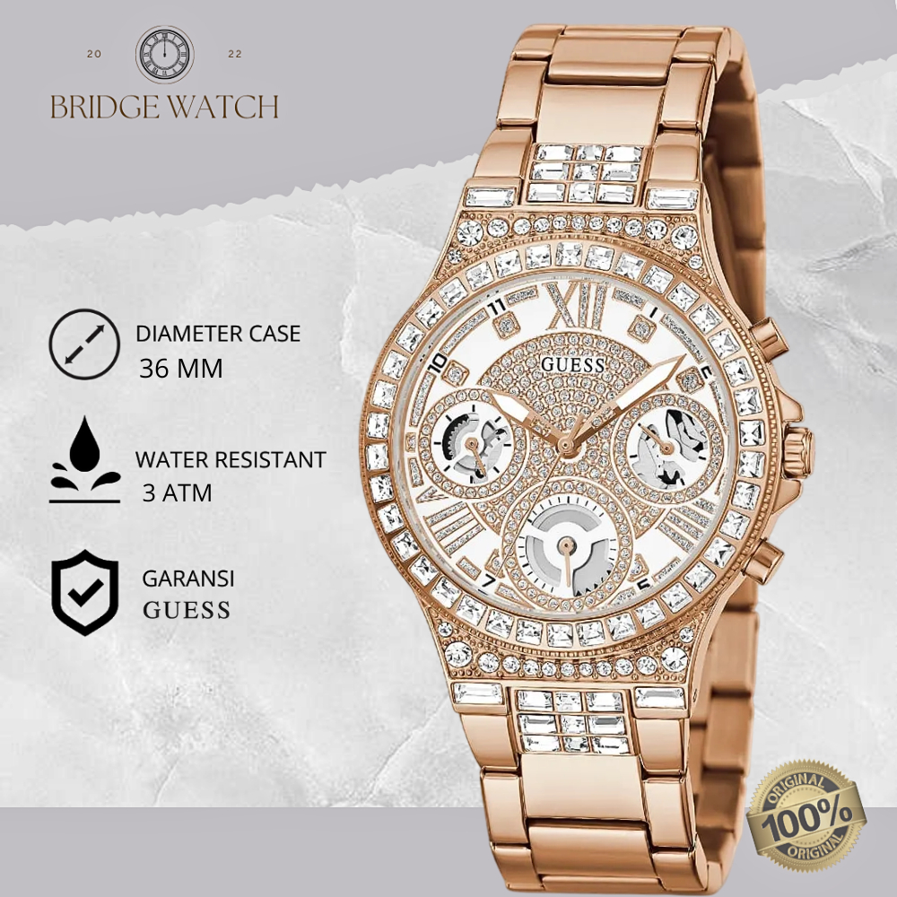 Jam Tangan Wanita Guess GW0320L3 Original Analog Rose Gold Stainless Steel Strap Rantai Cewek Water 