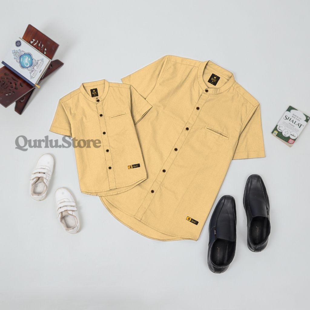 Qurlu - Kemeja Koko Dewasa/Anak warna COKLAT MUDA/CREAM (baju couple ayah dan anak laki-laki) Baju K