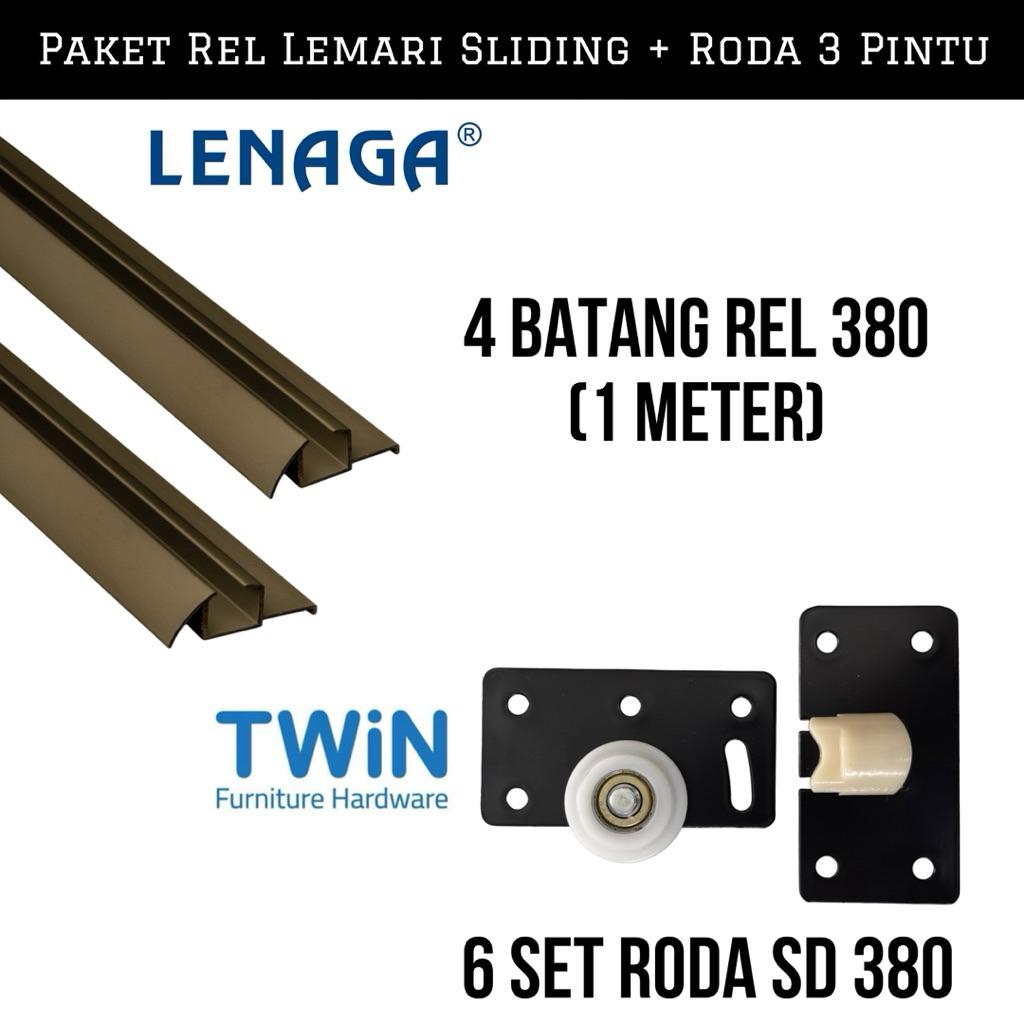 (3 Pintu + 1 Meter) Rel Lemari Sliding Timbul 3 Pintu 1 Meter Rel Las-380 Lenaga Lengkap Dengan Roda