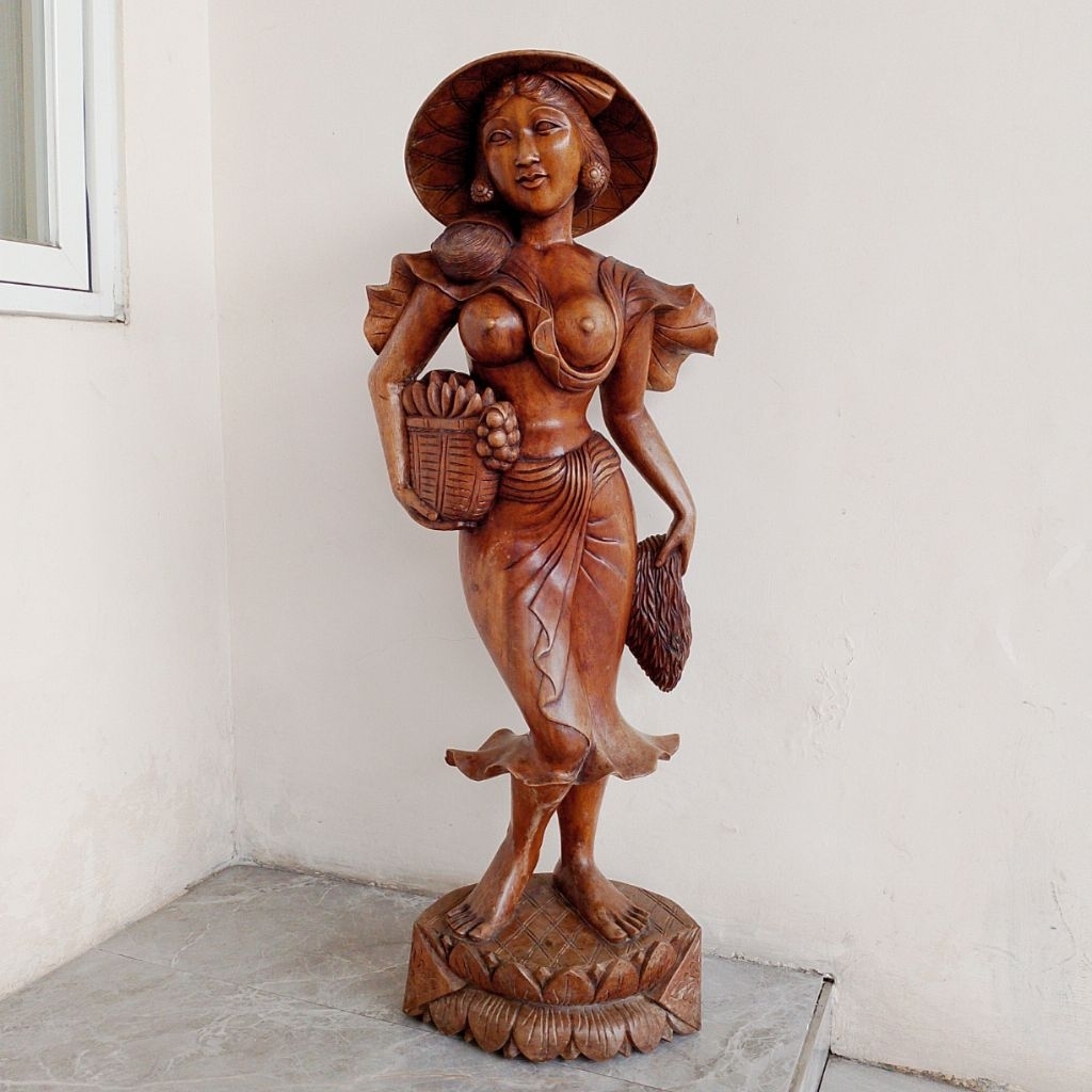 Patung Kayu Gadis Bali Vintage Patung Ukiran Kayu Cewek Wanita Bali