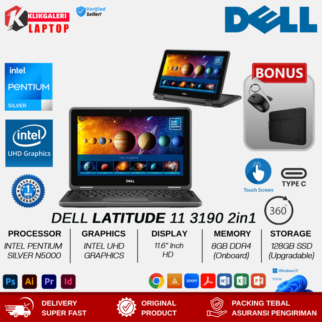 Laptop 2in1 Dell Latitude 11 3190 Intel Pentium Silver N5000 8GB 512GB SSD 11 Inch Touchscreen Win11