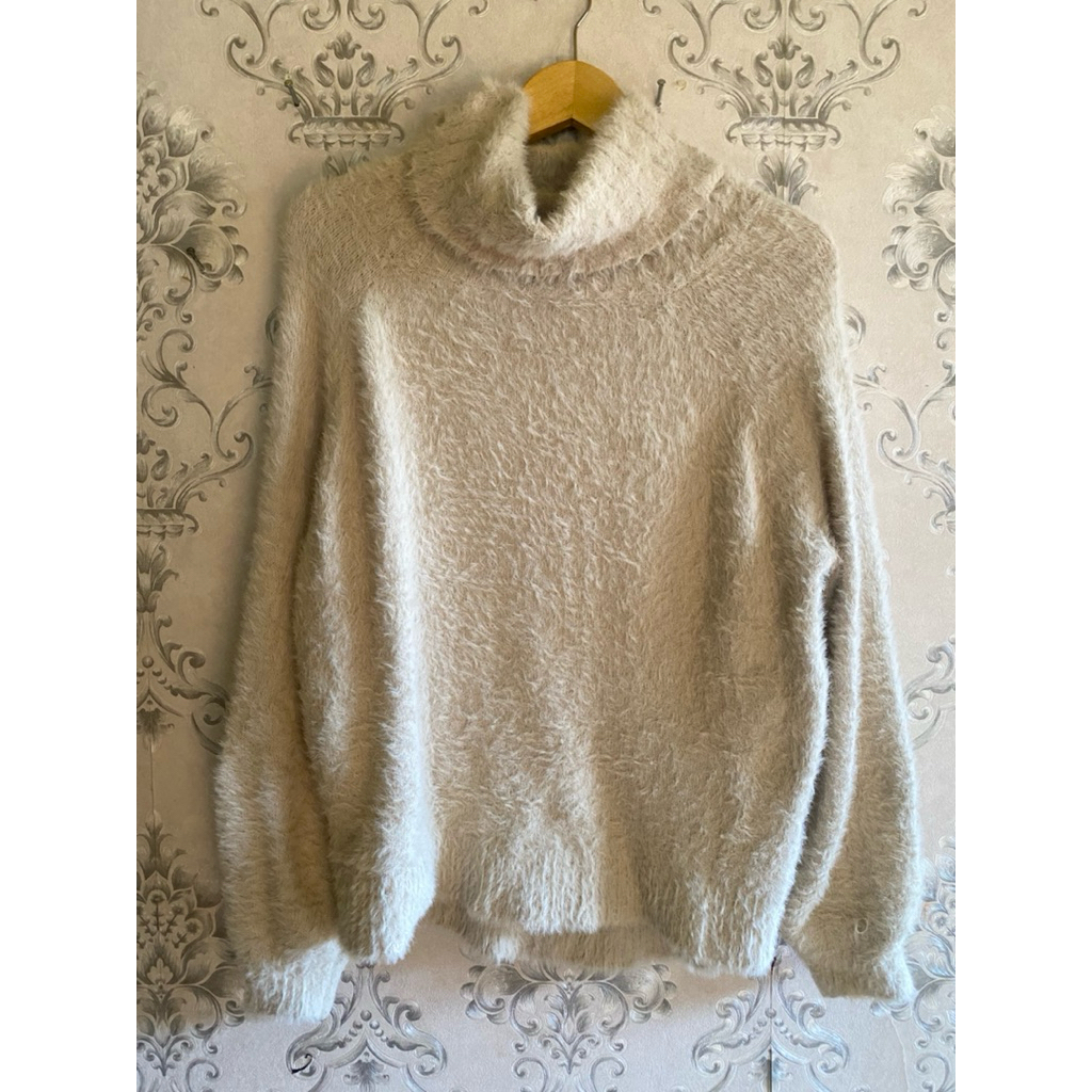 Sweater Fuzzy bulu kapas Fuzzy lengan balon Fuzzy bulu wanita Import