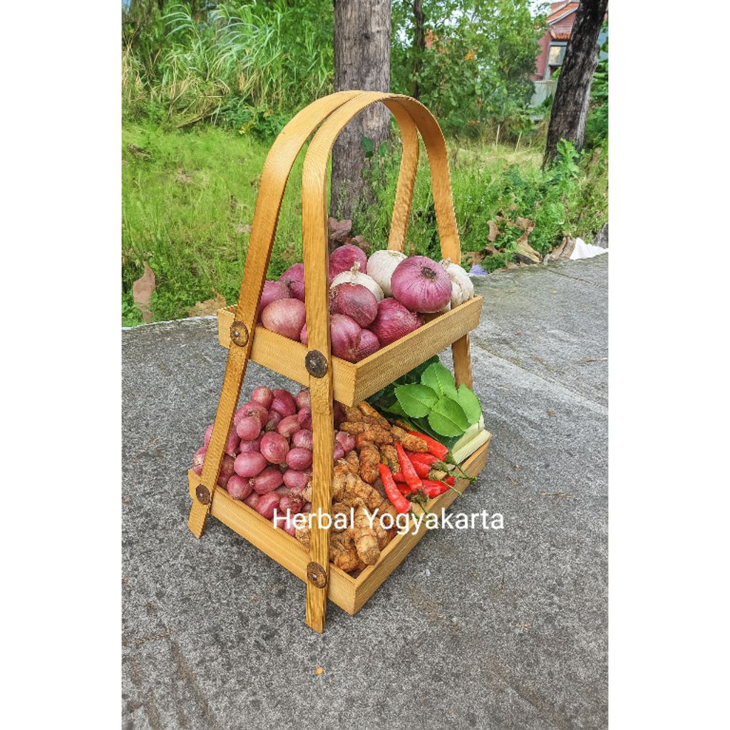 Rak Dapur Kotak Bahan Bambu Susun 2 - Rak Bawang Bambu Susun 2 - Rak Anyaman Serbaguna - Anyaman Bam