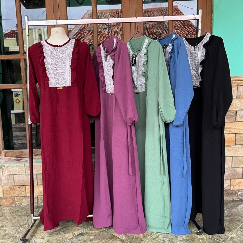 Almumtaz Gamis Renda Brokat Crinkle Airflow Premium