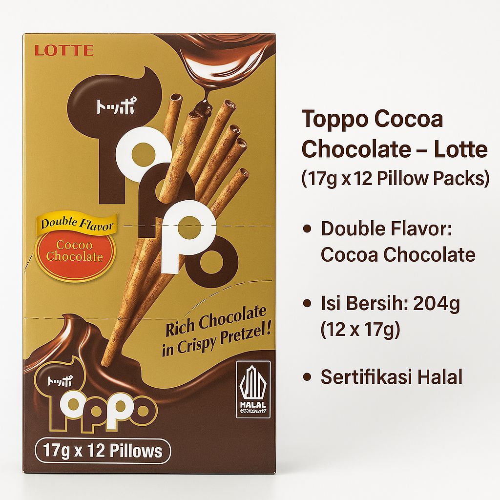 

Toppo Lotte Vanilla Chocolate 17g x 12pcs | Biskuit Stik Pretzel Isi Cokelat & Vanila | Camilan Jepang Halal