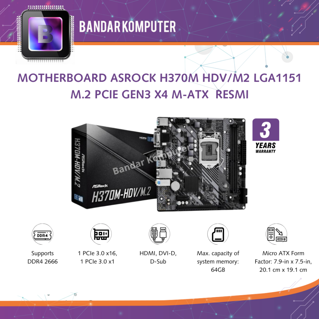 MOTHERBOARD ASROCK H370M HDV/M2 LGA1151 M.2 PCIE GEN3 X4 M-ATX  RESMI
