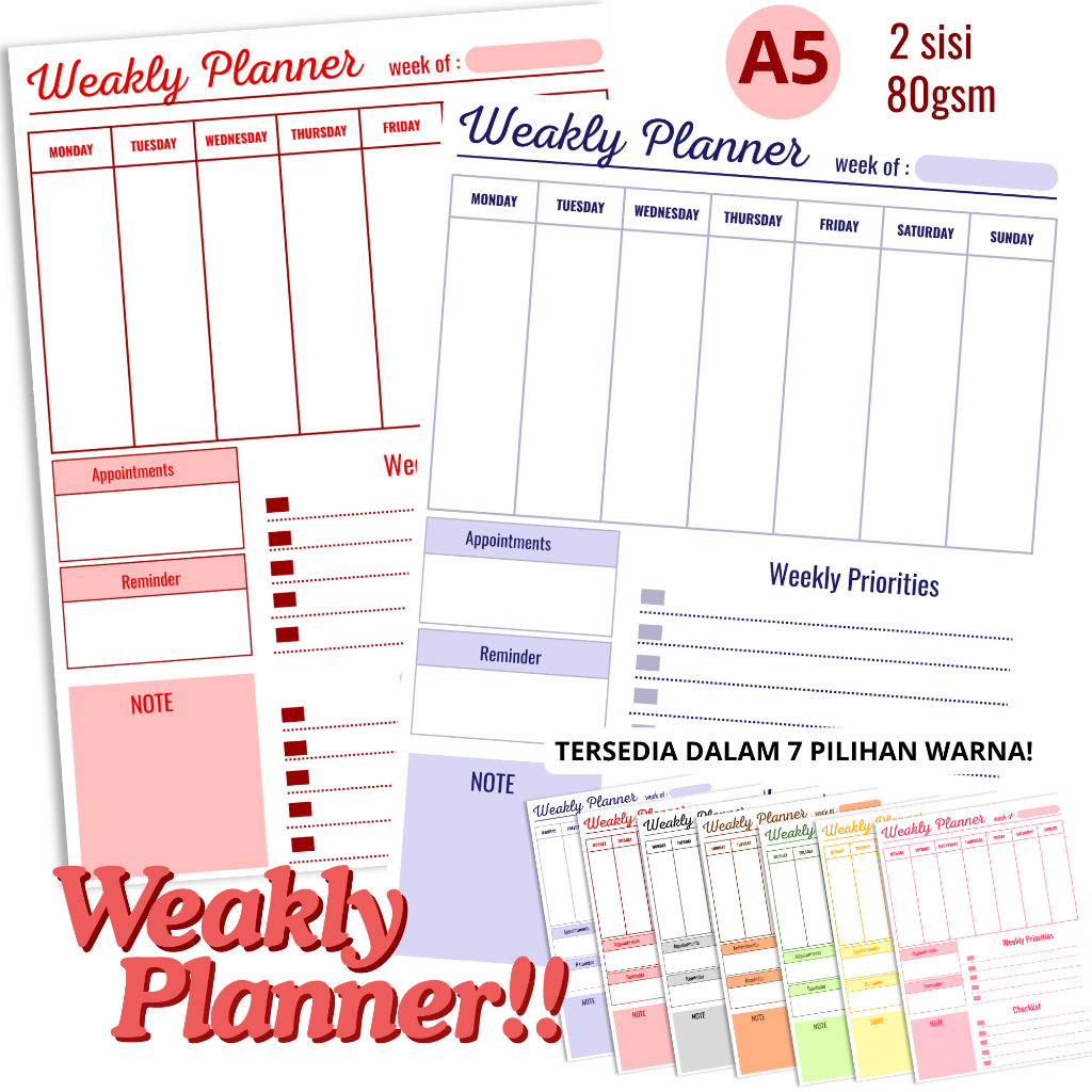 

(Papelrosie) Loose Leaf Planner A5 | Refill Isi Binder Weakly Planner isi 20 Lembar Bolak-Balik | Hvs 80gsm