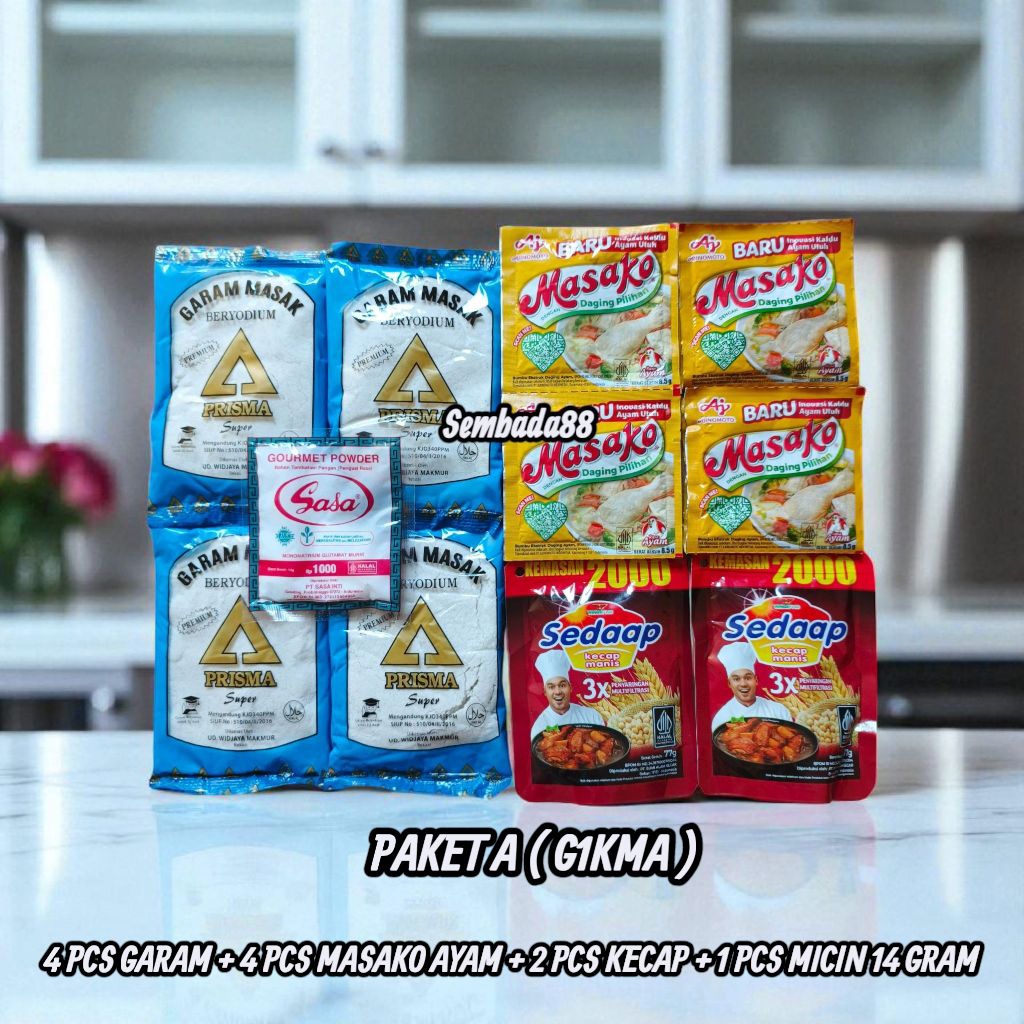 

PAKET HEMAT 12 RIBUAN 4 PCS GARAM 100 GRAM + 4 PCS MASAKO / ROYCO / SEDAAP + 2 PCS KECAP + 1 PCS SASA MICIN 14 GRAM / BUMBU DAPUR / GAREM / GARAM