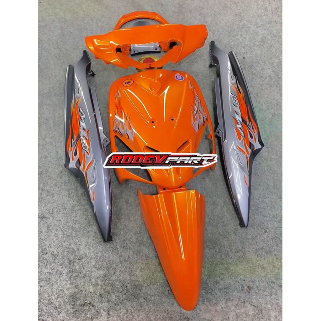 FULLSET BODY HALUS BODI YAMAHA MIO SPORTY MIO LAMA WARNA OREN SUNKIS ABU SET STRIPING API TRANSPARAN