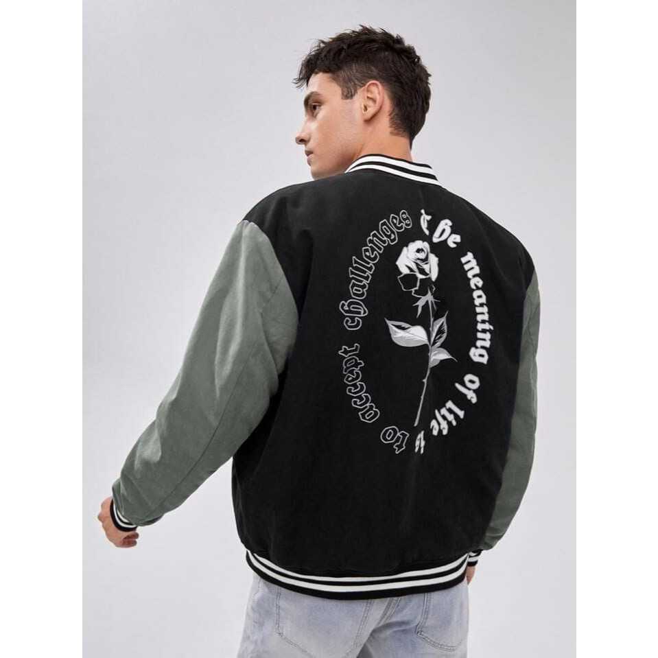 Jaket Varsity Baseball Kerah Rose Flower Fashion Pria Wanita Unisex Style Kekinian Trend 2025