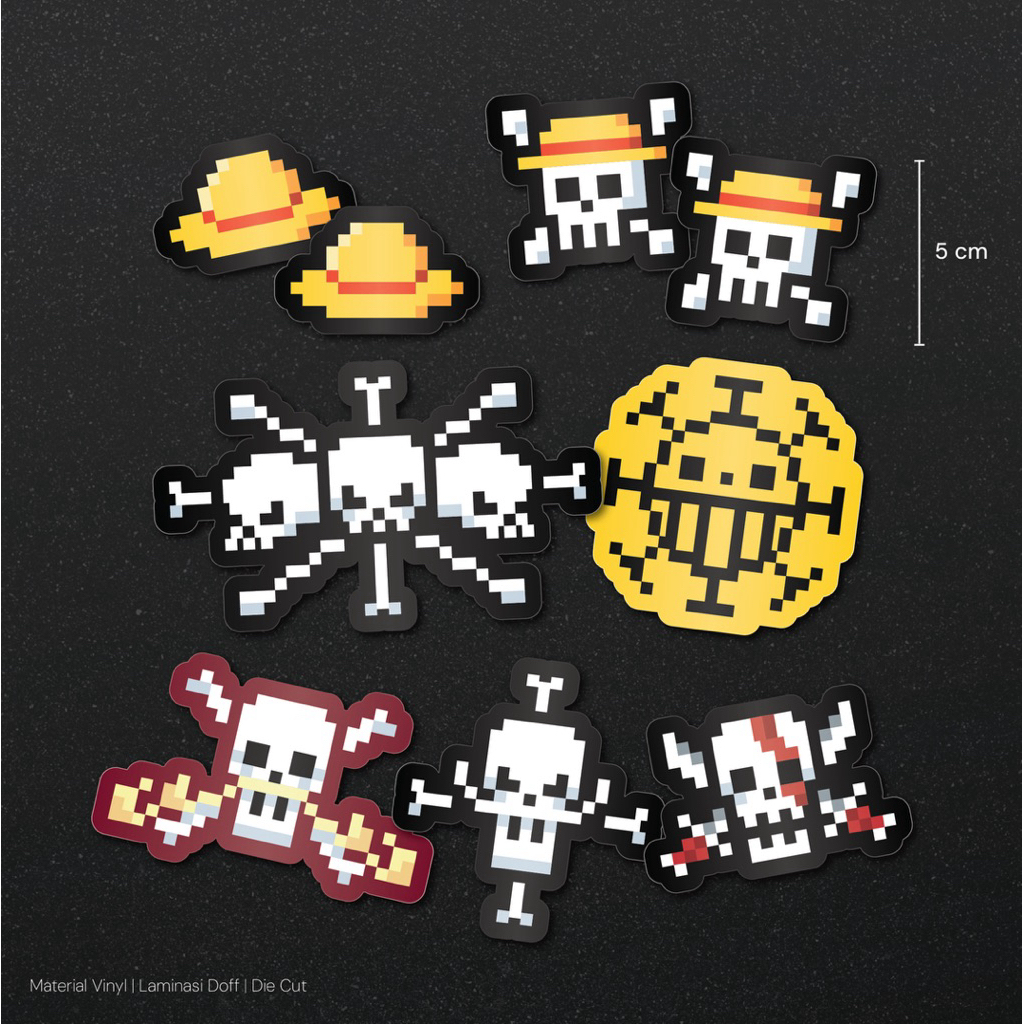 

One Piece in Pixel Sticker Pack | Pixel Illustration Pirate Bajak Laut Vinyl Laminasi Doff Die Cut
