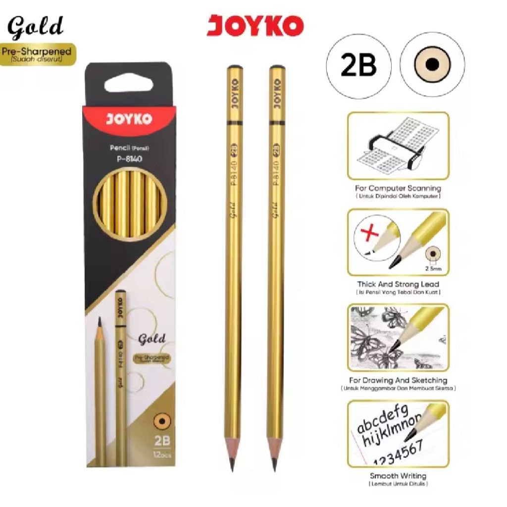 

1 Pak Pensil 2B Joyko Isi 12 Pcs EMAS & SILVER