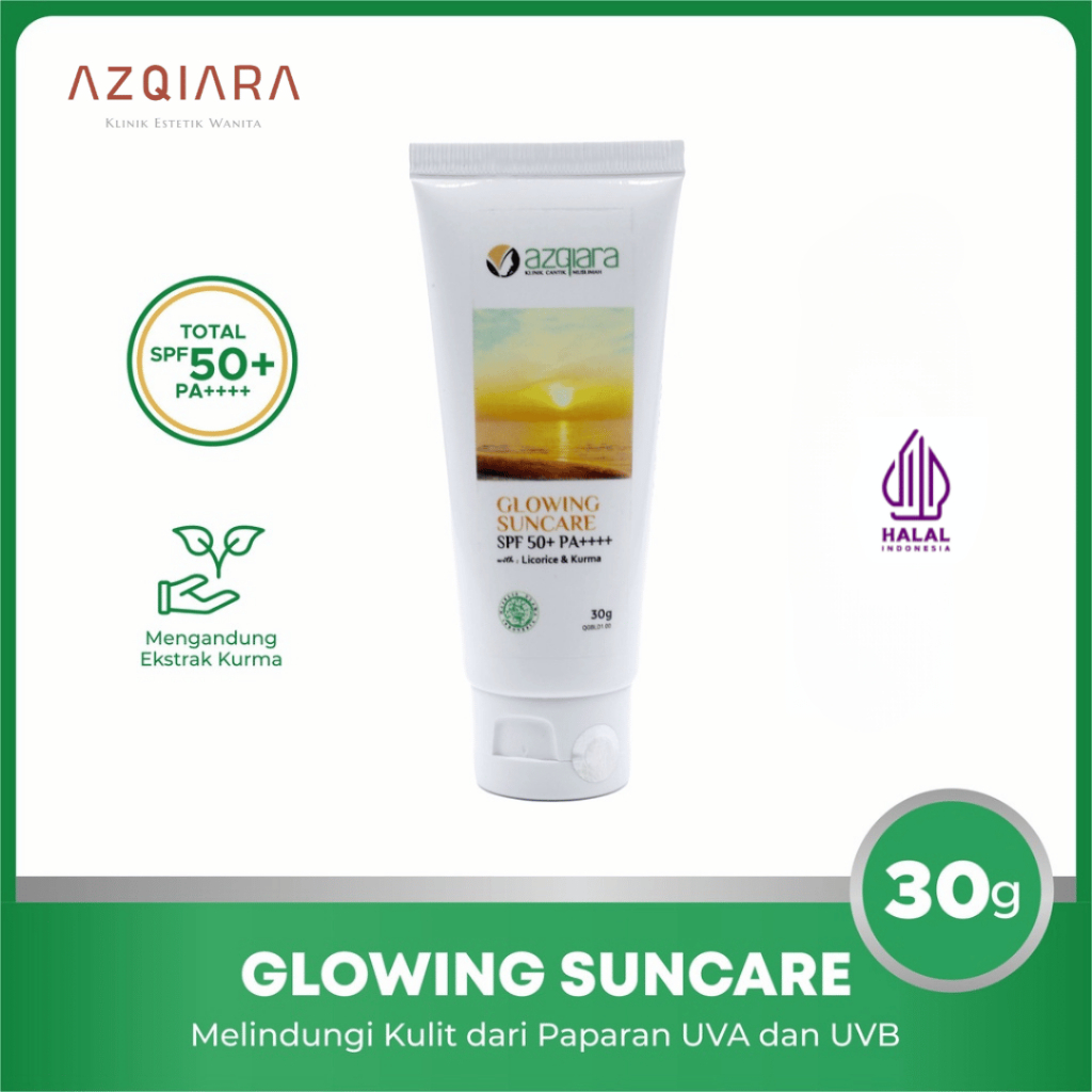 AZQIARA Glowing Suncare SPF 50+ PA++++ with Licorice & Kurma - Sunscreen/Tabir surya. Untuk melindun