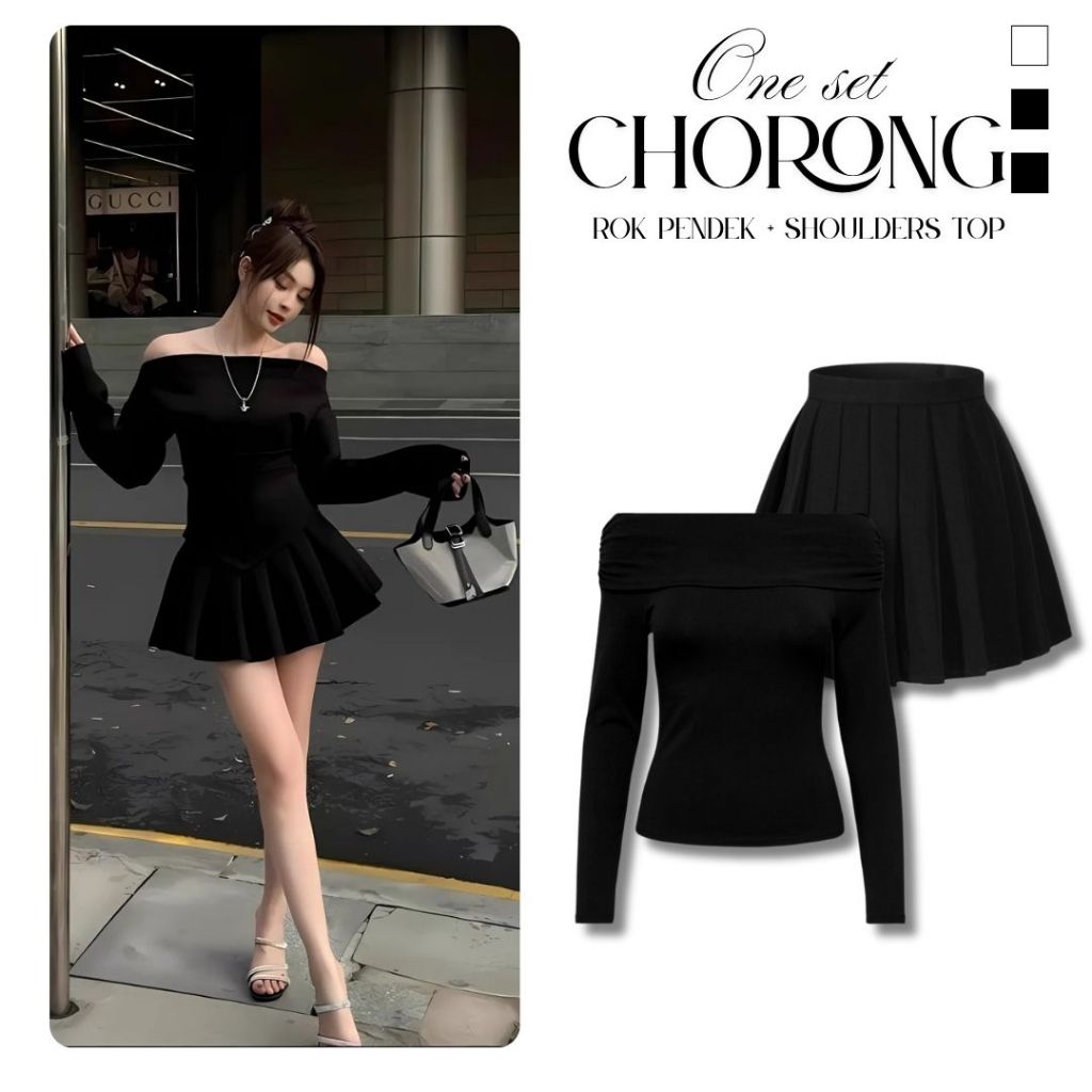 Outfit Set Wanita Korea ( Sabrina Top + Rok Pendek ) Setelan Oneset Chorong Baju Seksi Kekinian Ootd