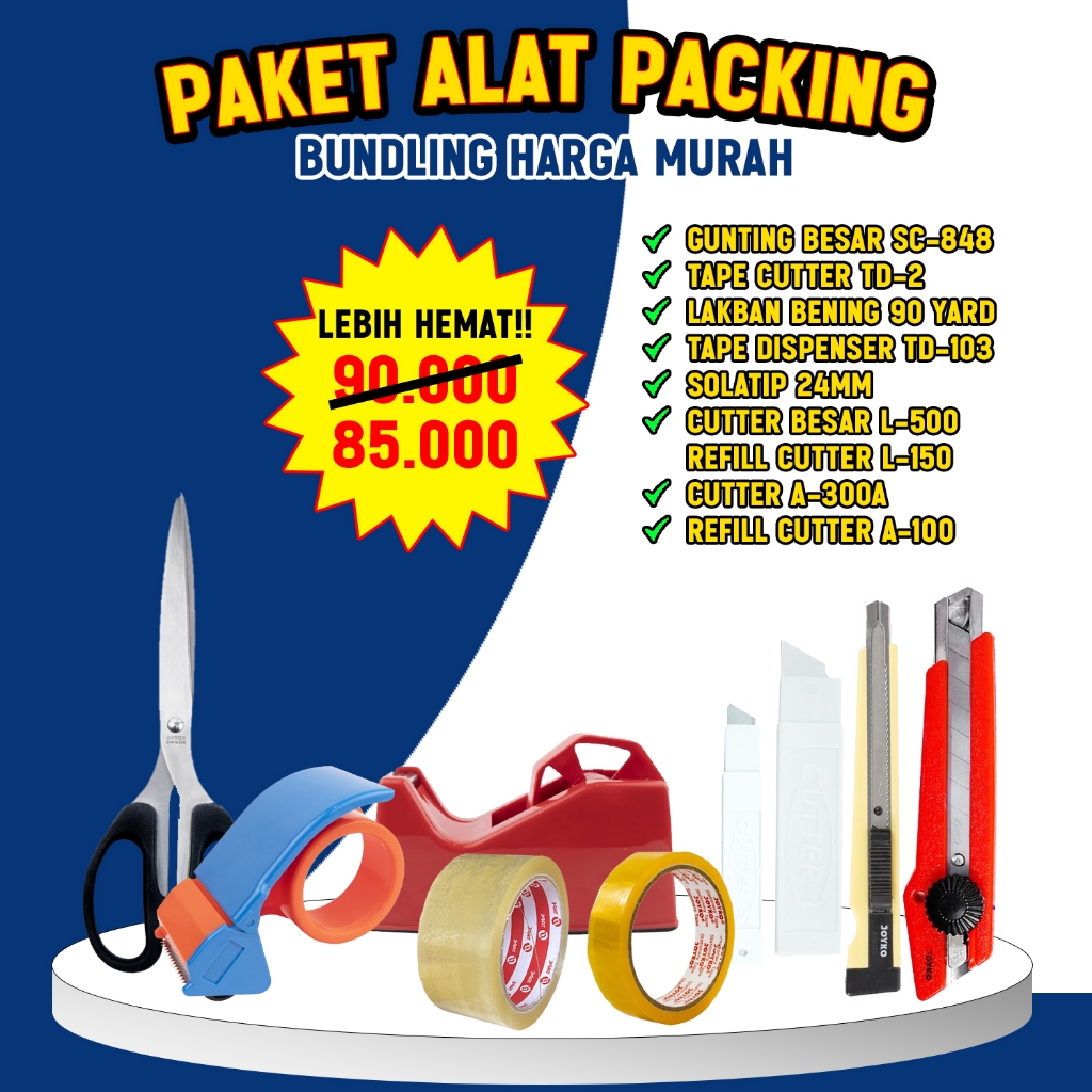 

Paket Bundling Alat Packing / Paket Hemat Cutter Gunting Lakban