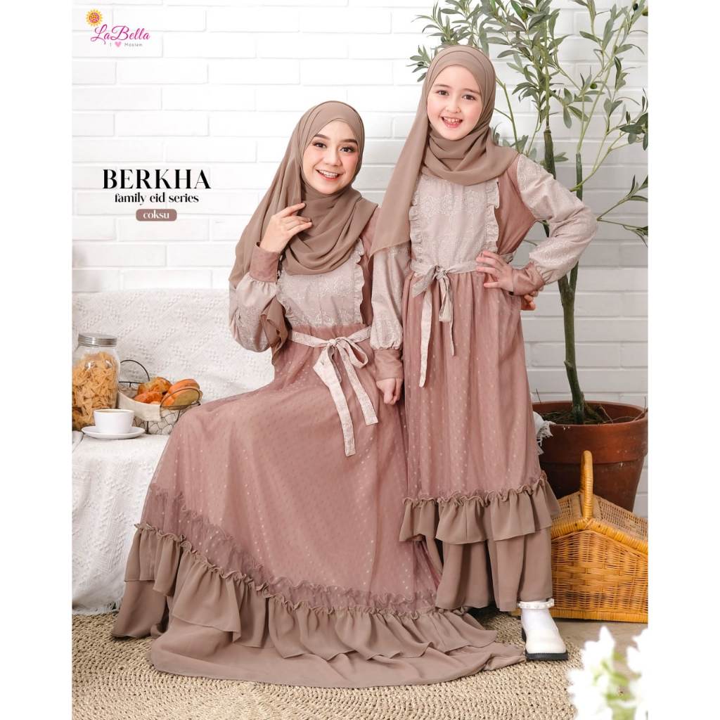 Couple Set Lebaran Gamis Anak, dewasa set Jilbab Berkha Coksu Labella | FULLSET PASHMINA