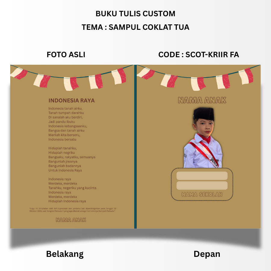 

BUKU TULIS CUSTOM - TEMA SAMPUL COKLAT TUA - STANDART UKURAN SIDU 160X210 - BISA PAKAI FOTO ANAK ASLI ATAU UBAH KE KARTUN