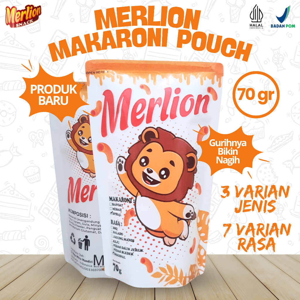 

MERLION MAKARONI 70GR KEMASAN KECIL CAMILAN MURAH GURIH RENYAH PRAKTIS ADA 7 VARIAN RASA DAN 3 JENIS
