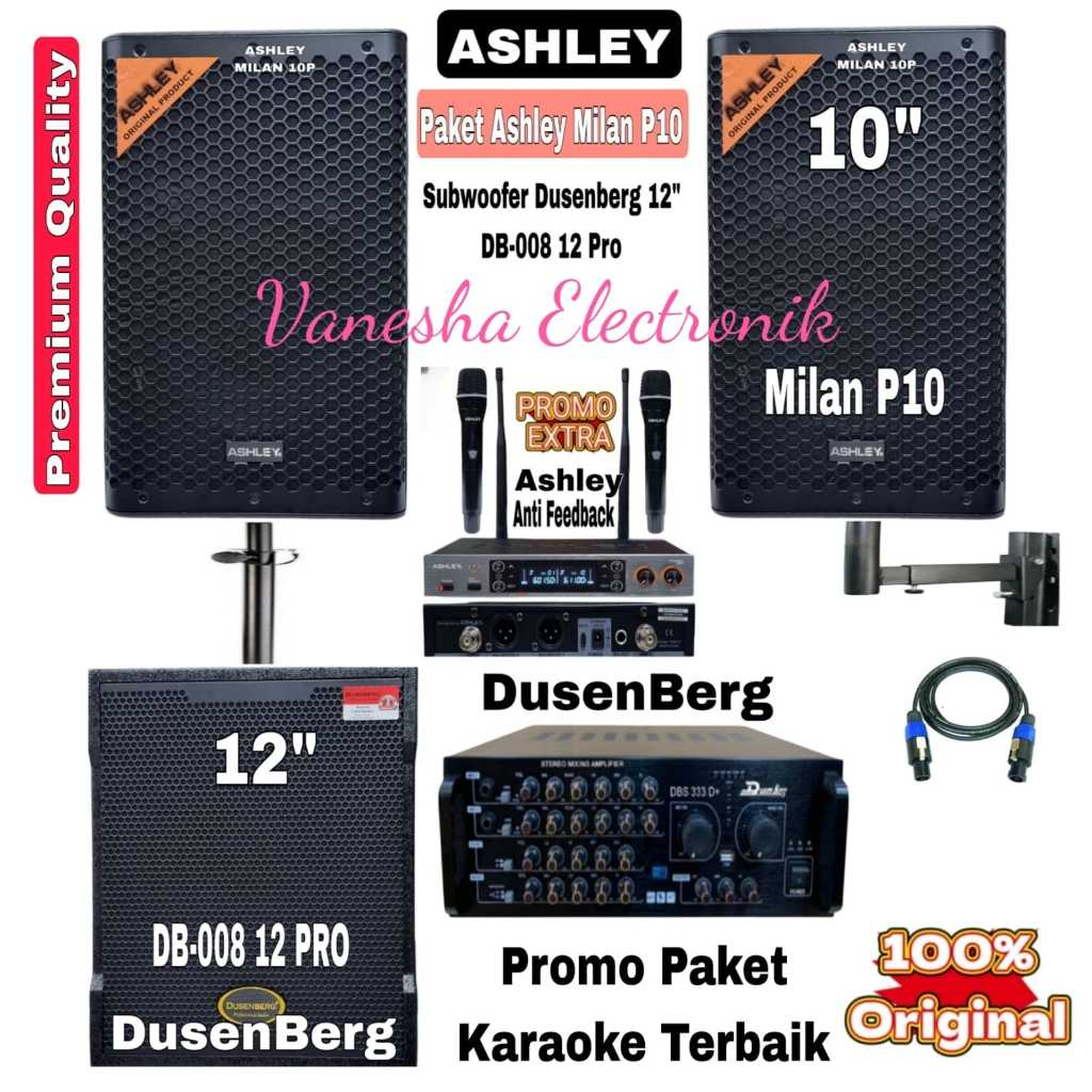 Paket Karaoke Speaker Pasif Ashley Milan P10+Subwoofer Dusenberg+Power Amplifier Original