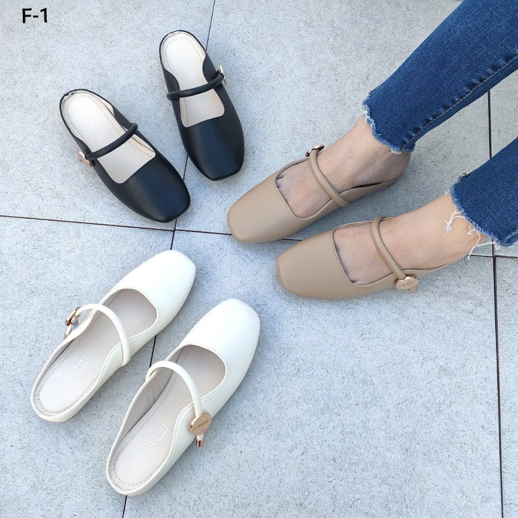 Simoncelli Sandal Flat Wanita Sandal Kerja Hitam Black Cewek Acara Pesta Kondangan Sandal Mules Kerj