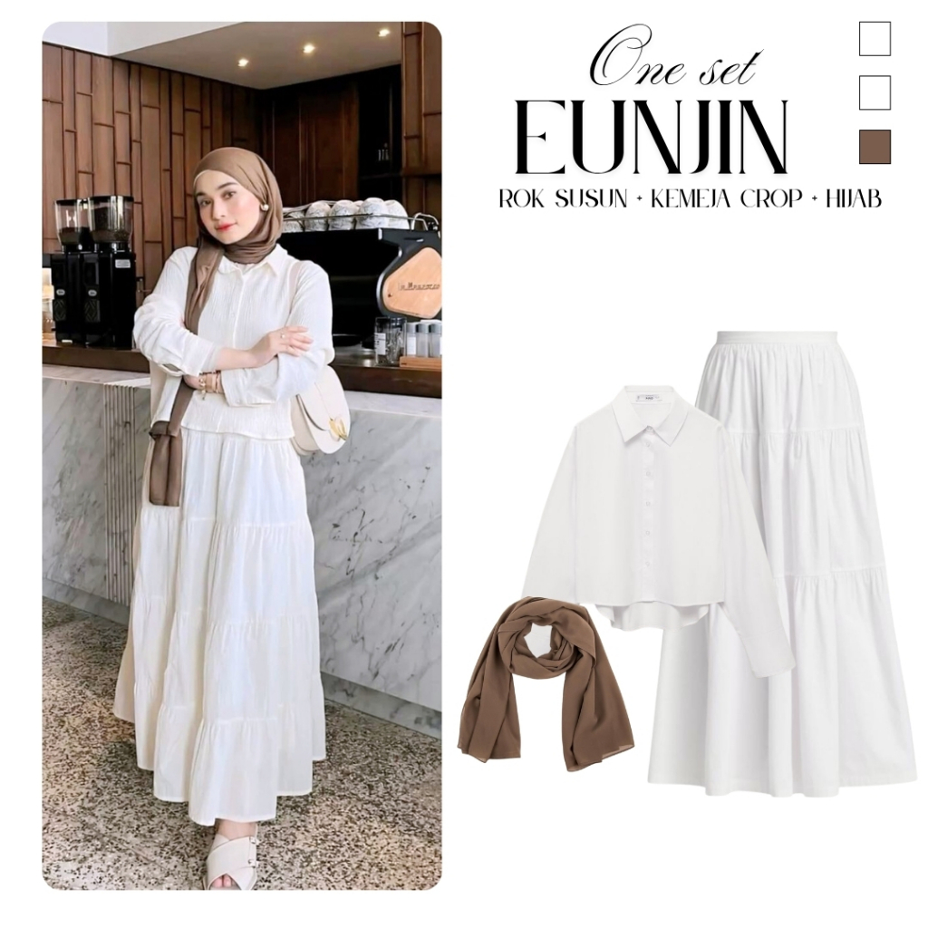 Outfit Wanita Korean ( Kemeja Crop + Rok Ruffle + Pasmina Hijab ) Setelan One Set Eunjin Kekinian