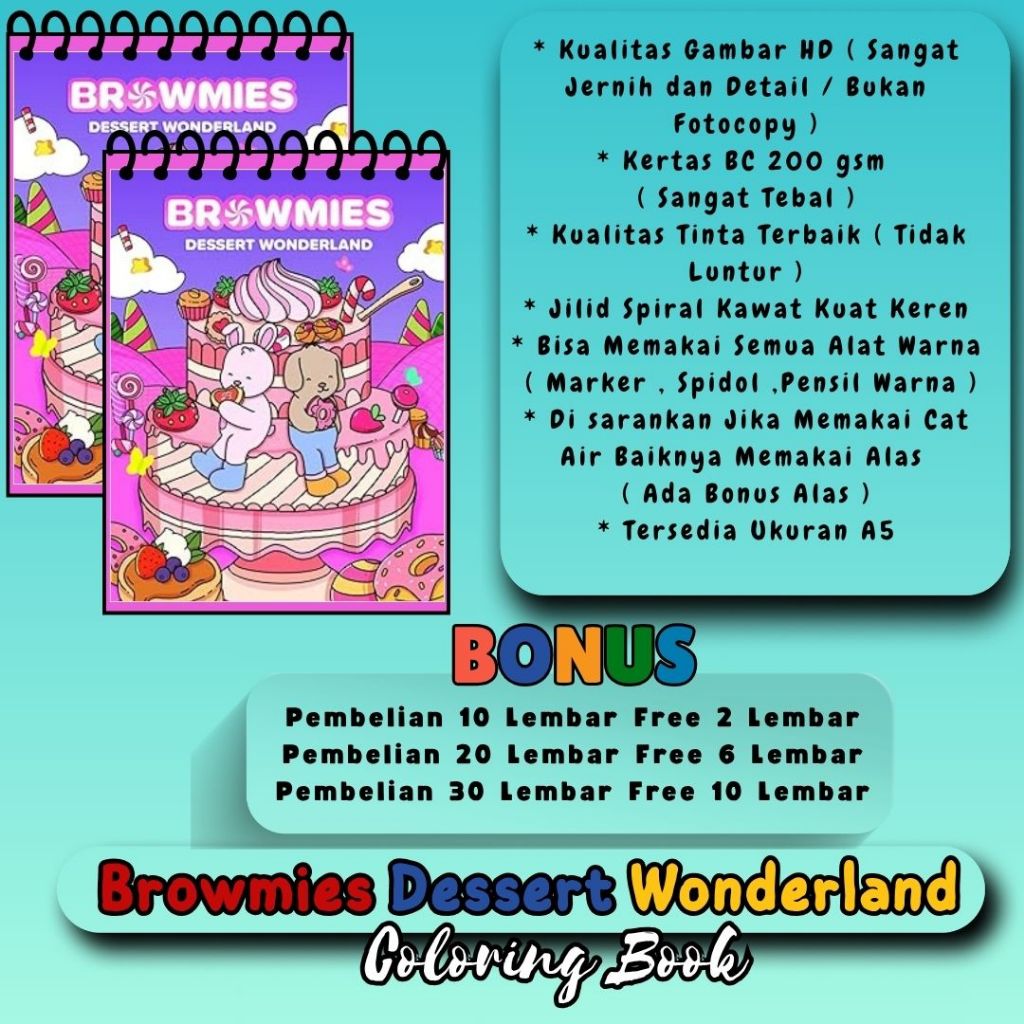 

Browmies Dessert Wonderland Buku Gambar Mewarnai Sketsa Jernih HD Spiral Kawat Kuat Kertas Premium Tebal 200 gsm