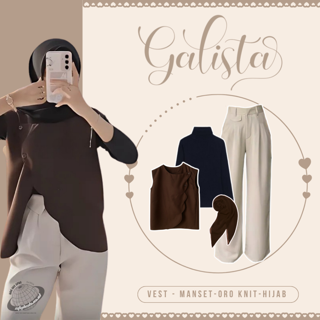 Casual Outfit Wanita (Vest Coklat + Manset Jersey + Celana Oro + Bella Square)Brown Outfit LI105