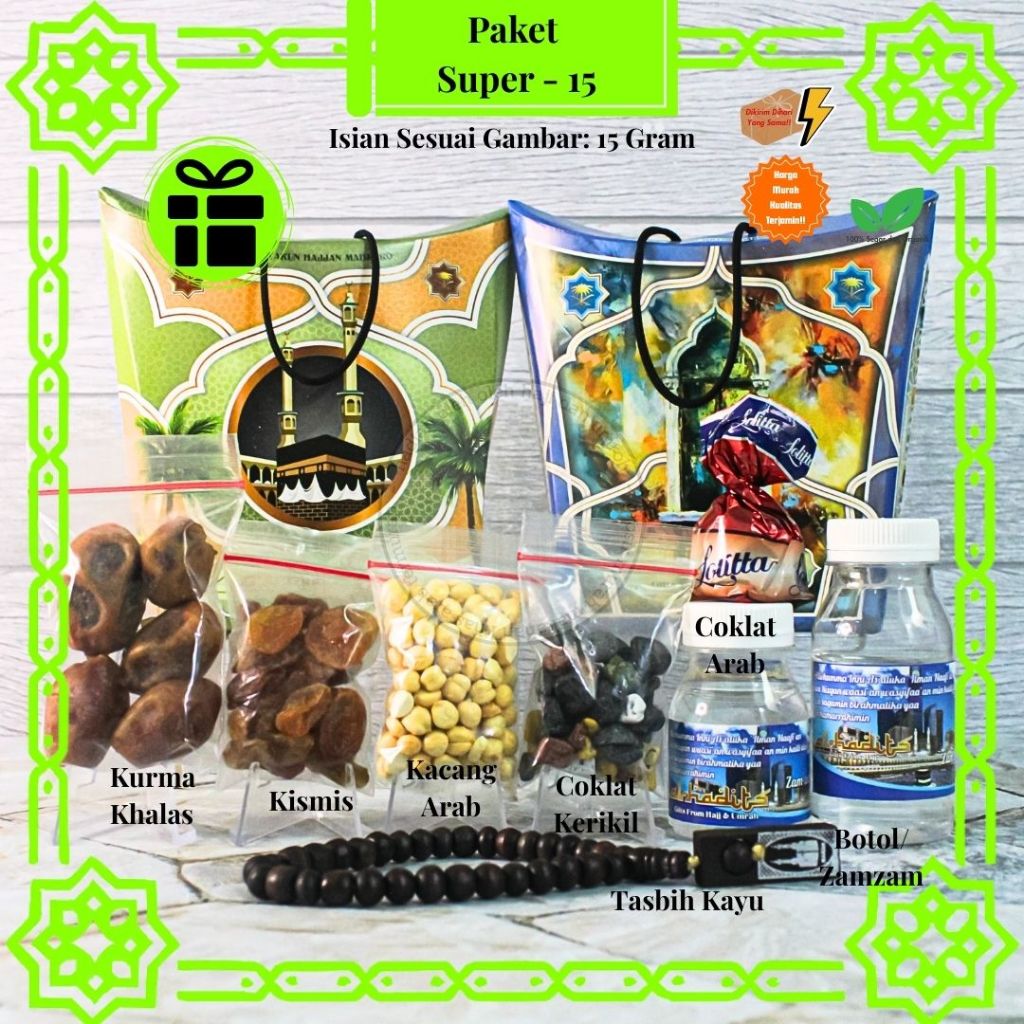 

Paket PREMIUM Oleh Oleh Haji dan Umroh 15gr Tanpa Botol / Botol Kosong / Air zamzam + Kurma + Kacang Arab + Kismis Arab