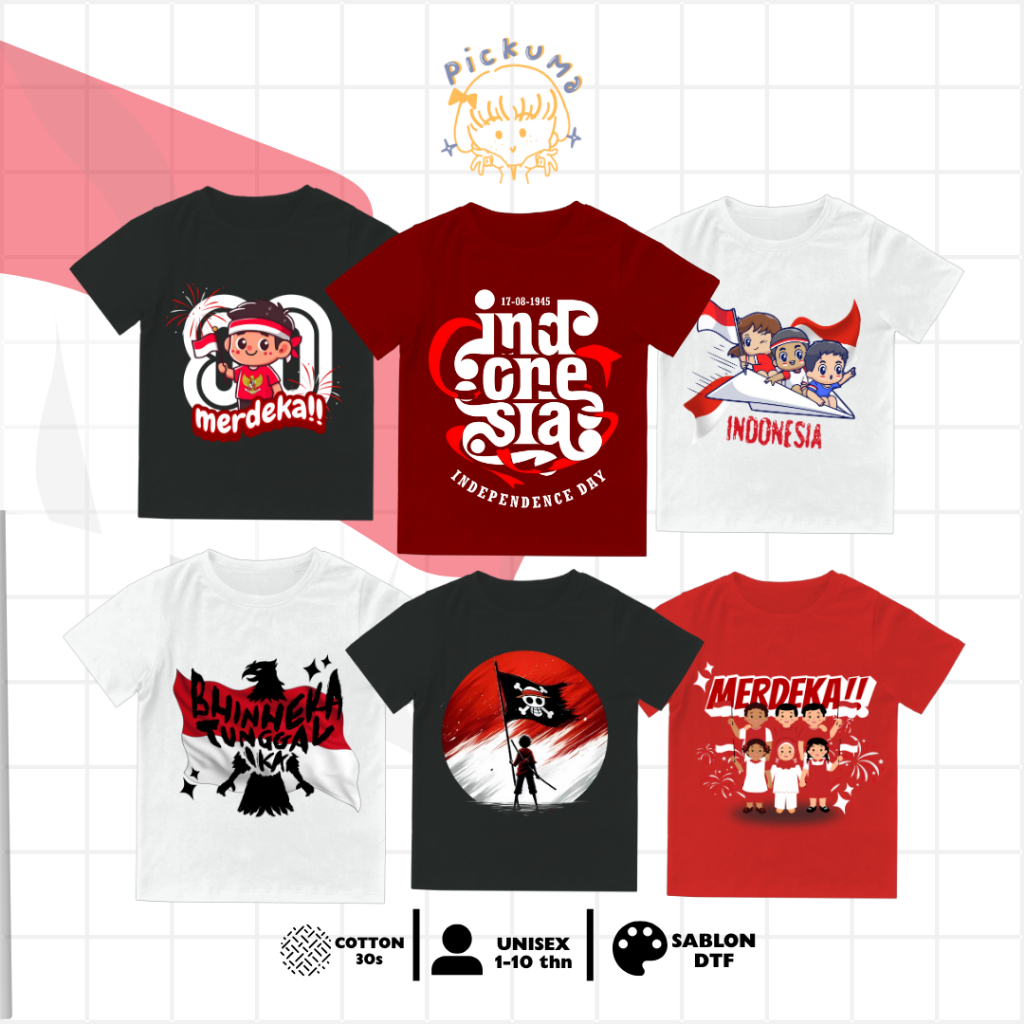 PICKUMA Kaos Anak KEMERDEKAAN 17 AGUSTUS / Cotton Combed 30s / Lengan Pendek / Bisa Custom Nama