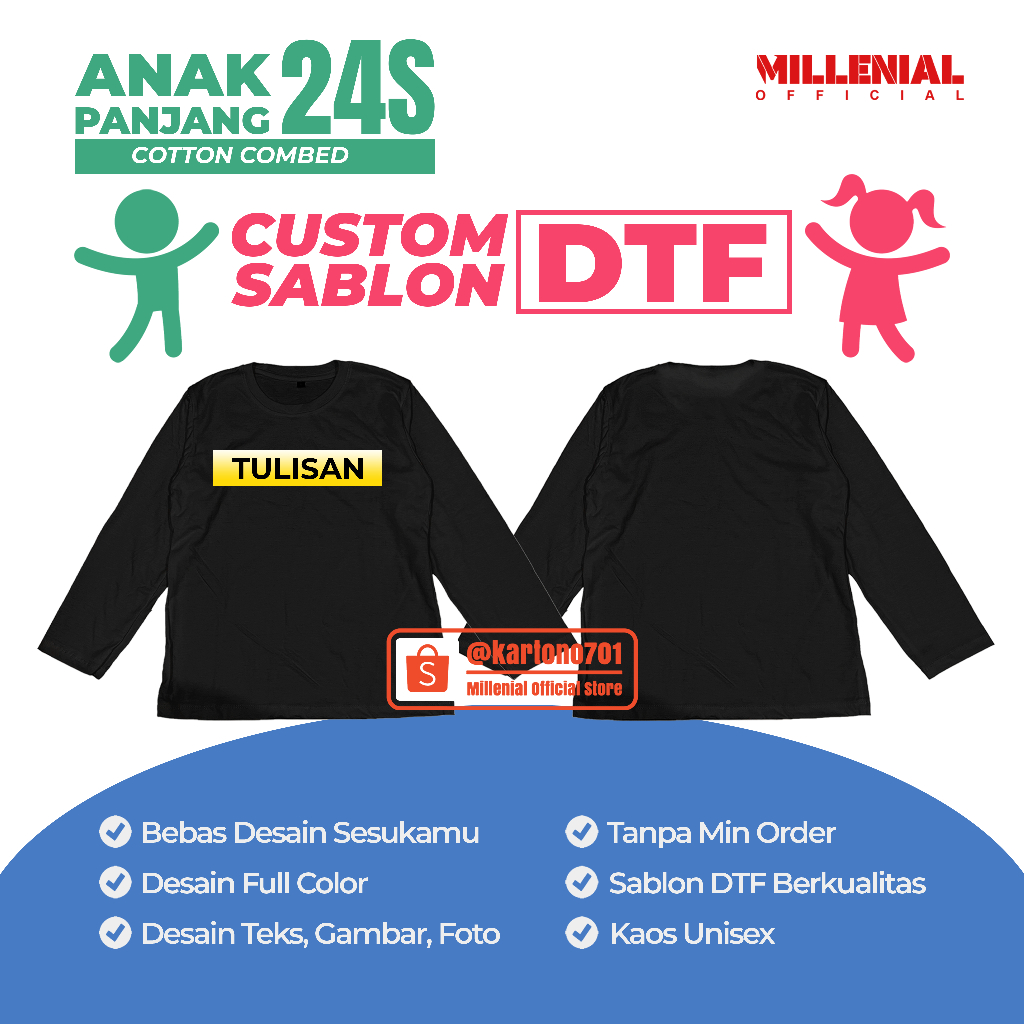 CUSTOM SABLON KAOS ANAK LENGAN PANJANG / SABLON DTF TULISAN