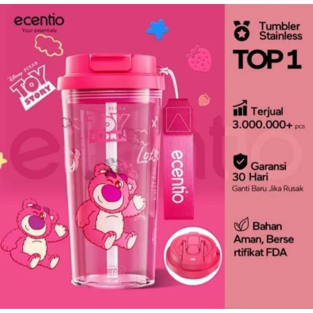 Ecentio Tumbler Gelas Plastik kap 500ml Edisi Lotso Pink Original
