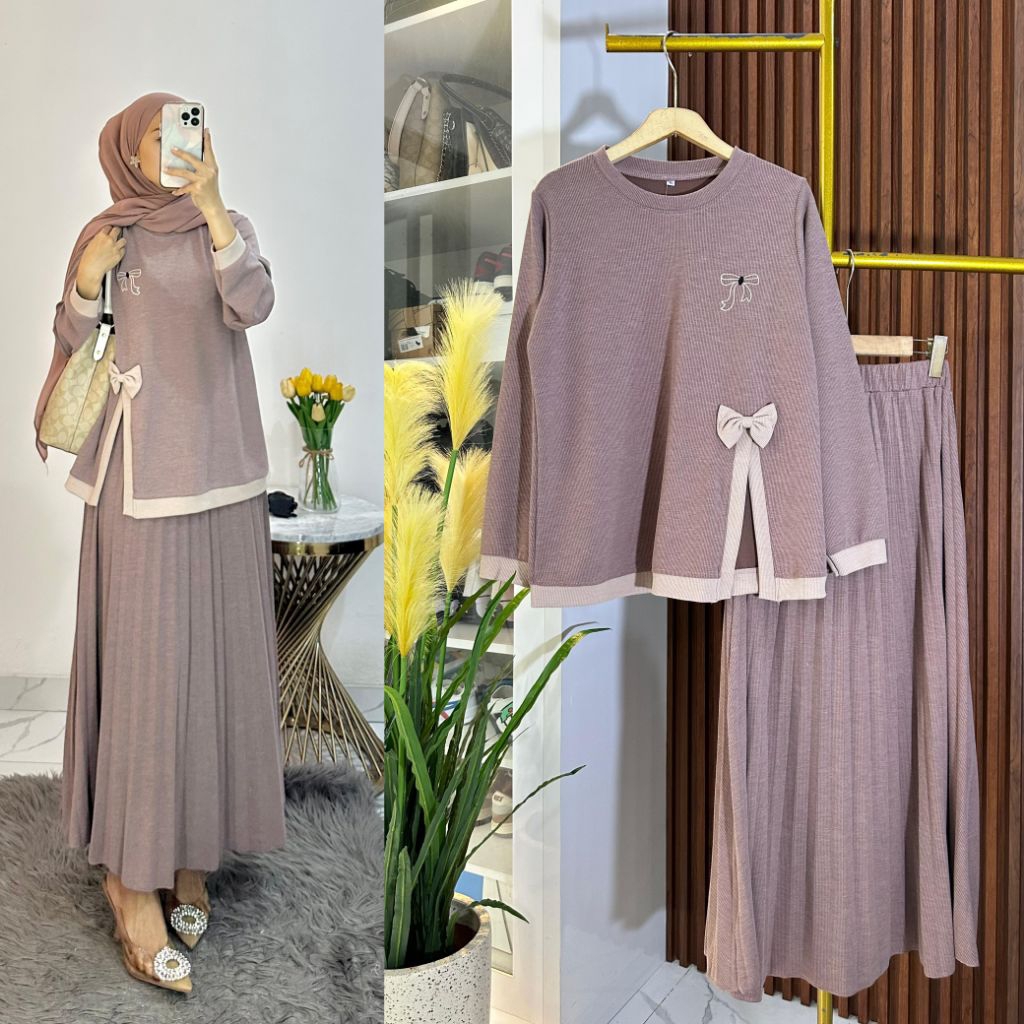 setelan rok knit plisket pita premium