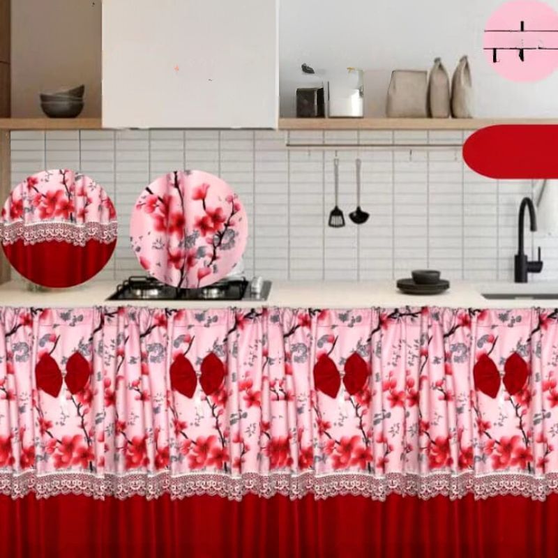 Gorden Kolong Dapur Sakura Renda Bunga Katun