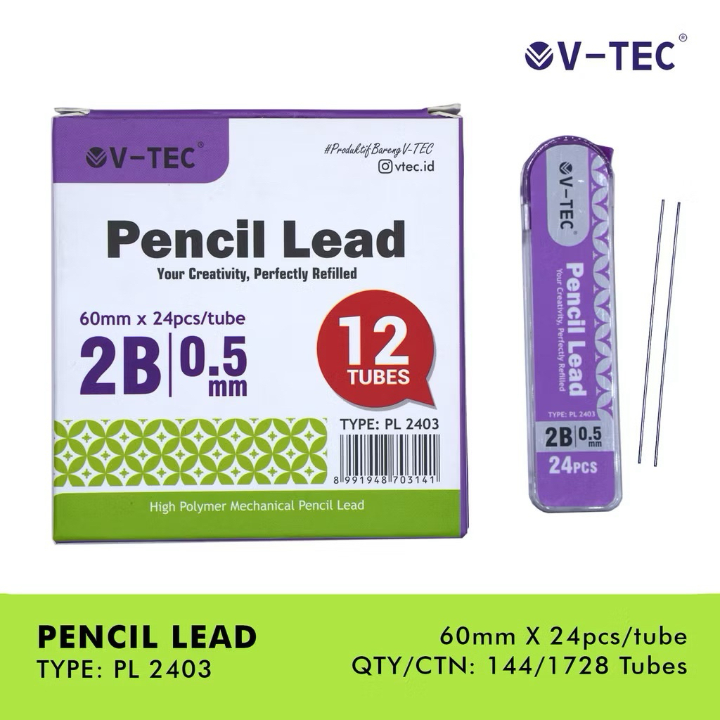 

V-TEC Pencil Lead PL-2403 2B 0.5MM / Pencil Lead Isi Pensil Mekanik Vtec