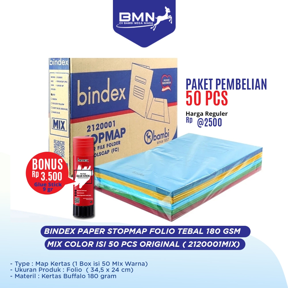 

BINDEX Paper Stopmap Folio Tebal 180 Gsm Mix Color Isi 50 Pcs Original bonus glue stick 9 gr