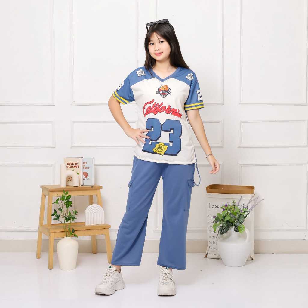 Baju Setelan Anak Perempuan Motif Jersey Printing Usia 8-12 Tahun / Setelan Anak Cewek Lengan Pendek